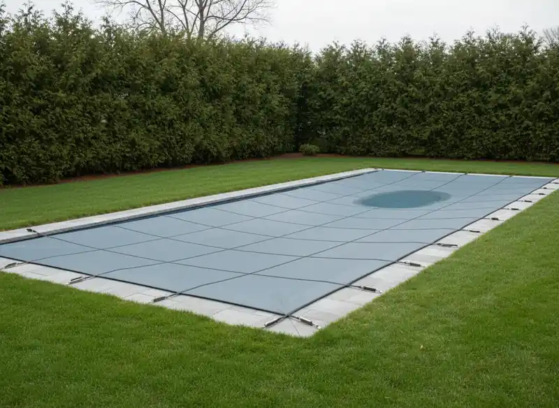 Mesh safety cover stretched across a rectangular pool, hedge and lawn behind